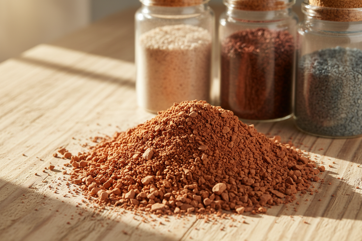 foto realista, de chamote de terracota em pó. Está em cima de uma mesa de madeira pinho, tem alguns potes em cima da mesa com pó de chamote de diferentes cores de argila. raios suaves do sol iluminam a mesa