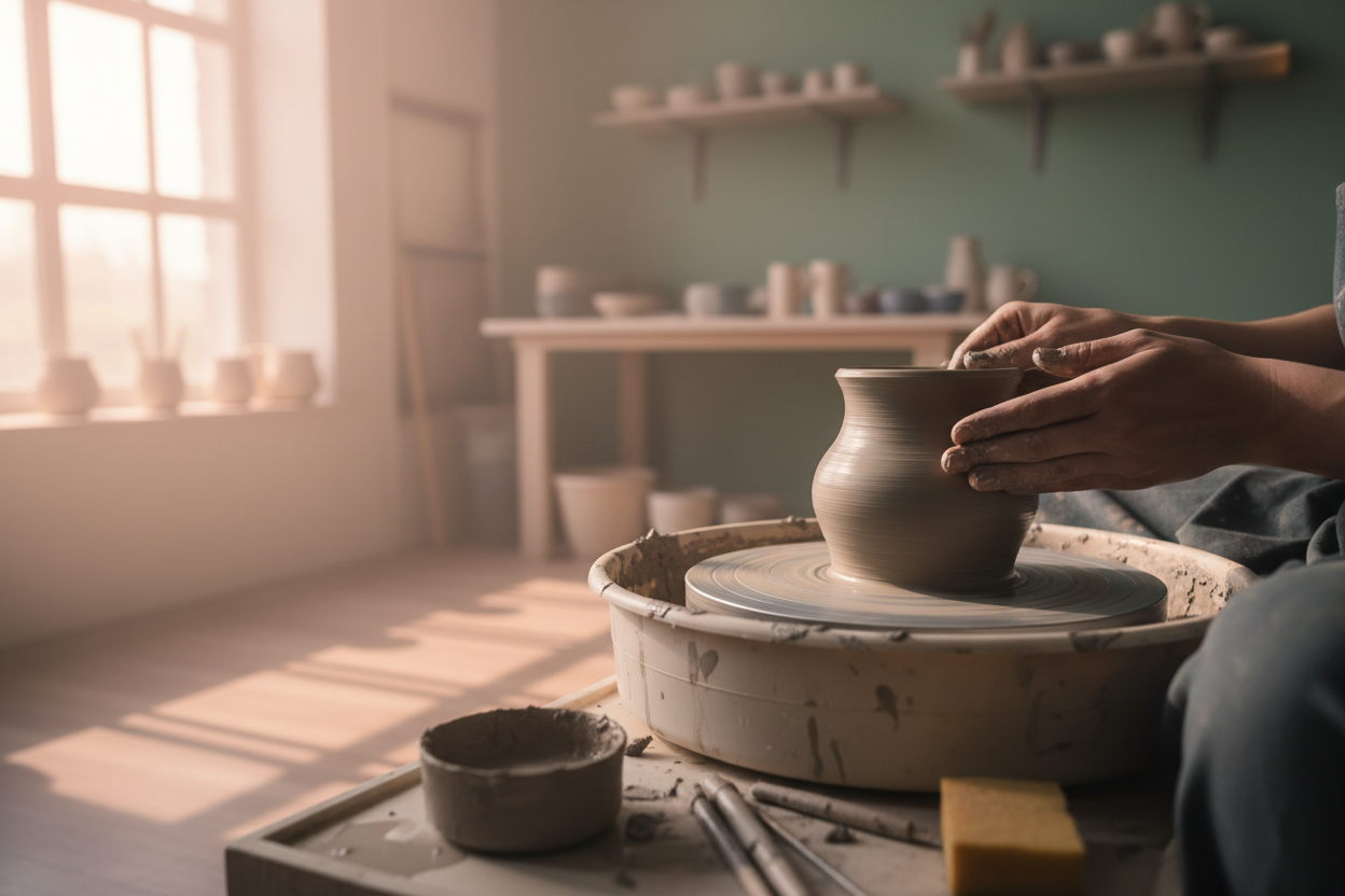 Foto realista de um torno cerâmico elétrico com um pote de barro da cor cinza sendo feito. raios de sol suaves iluminam o torno. as cores #FBE3BF e #77A397 estão presentes