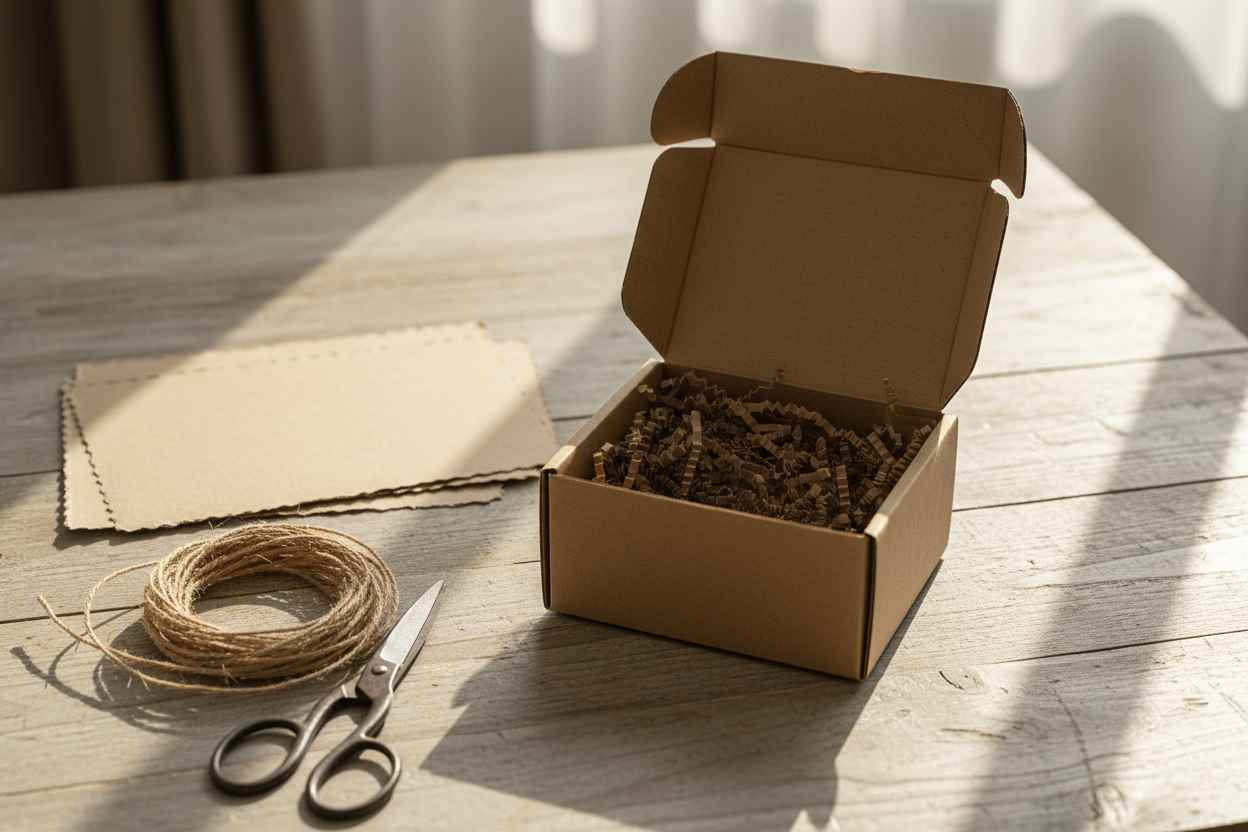 Foto realista de uma caixa de papelão pequena e bonita aberta em cima de uma mesa de madeira pinho, dentro da caixa tem papel manilha. tem alguns papeis, corda sisal fina e uma tesoura perto. raios de sol suave iluminam a mesa.
